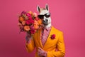 Surreal Horse-Headed Man in Vibrant Yellow Suit Standing Against Soft Pink Background, Holding Bouquet of Colorful Flowers