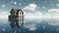 Surreal House Floating in Water with Falling Papers Royalty Free Stock Photo