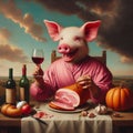 Surreal humorous pig dressed in retro medieval enjoy aperitive red wine and a ham sandwich at sunset