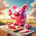 Surreal humorous pig dressed in retro medieval enjoy aperitive red wine and a ham sandwich at sunset