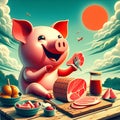 Surreal humorous pig dressed in retro medieval enjoy aperitive red wine and a ham sandwich at sunset