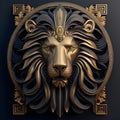 Surreal illustration in art deco of a lion. Gold edges and frontal view with ornaments. Symmetric design.