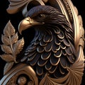 Surreal illustration in art deco style of an eagle. Gold edges and frontal view with ornaments. Symmetric design.