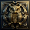 Surreal illustration in art deco style of a owl. Gold edges and frontal view with ornaments. Symmetric design.