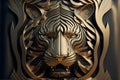 Surreal illustration in art deco of a tiger. Gold edges and frontal view with ornaments. Symmetric design.