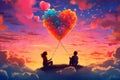 A surreal illustration of a couple sitting on a cloud, with their hearts connected by a string of colorful balloons, vivid sunset