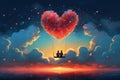 A surreal illustration of a couple sitting on a cloud, with their hearts connected by a string of colorful balloons, vivid sunset