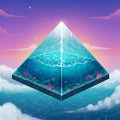 A surreal illustration features a translucent pyramid floating above a cloud-covered, Royalty Free Stock Photo