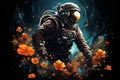 Surreal illustration of spaceman surrounded by colorful dreamlike flowers in outer space Royalty Free Stock Photo