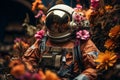 Surreal illustration of spaceman surrounded by colorful dreamlike flowers in outer space