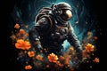 Surreal illustration of spaceman surrounded by colorful dreamlike flowers in outer space Royalty Free Stock Photo