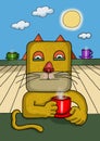 Surreal illustration of a square face cat
