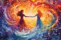 Surreal illustration of two figures floating in a sea of vibrant watercolor swirls, with their hands reaching out to touch, Royalty Free Stock Photo