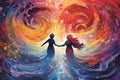 Surreal illustration of two figures floating in a sea of vibrant watercolor swirls, with their hands reaching out to touch, Royalty Free Stock Photo