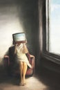 Surreal illustration of a woman with her head hidden by a tv projecting a sky Royalty Free Stock Photo