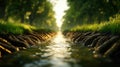 Surreal image of biofuel and fossil fuel pipelines intertwining like tree roots, symbolizing the complex relationship between