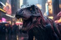 A surreal image blending modern cityscapes with roaming dinosaurs, portraying an imaginative time-travel scenario where past and