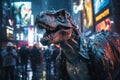 A surreal image blending modern cityscapes with roaming dinosaurs, portraying an imaginative time-travel scenario where past and