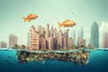 Surreal image of a city and the ocean, fish swimming in the sky, animals and human settlement, mixing of habitats, environment