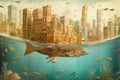 Surreal image of a city and the ocean, fish swimming in the water, animals and human settlement, mixing of habitats, environment