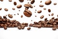 A surreal image of coffee beans floating in mid-air, with no visible means of support. The coffee beans are shown in a variety of