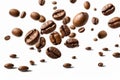 A surreal image of coffee beans floating in mid-air, with no visible means of support. The coffee beans are shown in a variety of