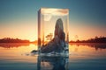 Surreal image of coral reef inside transparent glass cube. Cube floats on ocean water. Water is blue and calm and