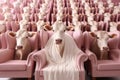 Surreal image of cows sitting in a chair in the auditorium. AI.