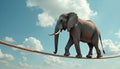 Surreal image of elephant walking tightrope against sky background. Strength perseverance overcoming challenges. Determination Royalty Free Stock Photo