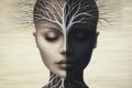 Surreal image of a face with half of it painted white and the other half painted black, with roots growing out of the bottom of Royalty Free Stock Photo