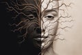 A surreal image of a face with half of it painted white and the other half painted black, with roots growing out of the bottom of Royalty Free Stock Photo
