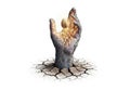 A surreal image features a large hand emerging from cracked, dry earth, symbolizing resilience and Royalty Free Stock Photo