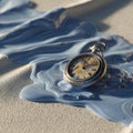 A surreal image featuring an old-fashioned pocket watch lying on a textured surface, partially surrounded by or melting into blue Royalty Free Stock Photo