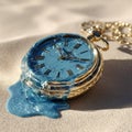A surreal image featuring an old-fashioned pocket watch lying on a textured surface, partially surrounded by or melting into blue Royalty Free Stock Photo