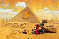 Surreal image with golden coin on the surface of the Great Pyramid of Giza