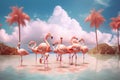 A surreal image of a group of flamingos enjoying a summer day at the beach, surrounded by pink flamingo-shaped clouds and palm Royalty Free Stock Photo