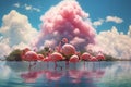 A surreal image of a group of flamingos enjoying a summer day at the beach, surrounded by pink flamingo-shaped clouds and palm Royalty Free Stock Photo