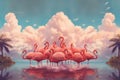 A surreal image of a group of flamingos enjoying a summer day at the beach, surrounded by pink flamingo-shaped clouds and palm