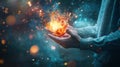Hands holding a flaming object with glowing particles in a mystical atmosphere Royalty Free Stock Photo