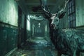 Surreal Image of a Majestic Stag with Antlers Standing in an Abandoned Hallway, Conceptual Artwork, Fantasy Creature in Urban