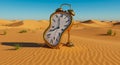 A surreal image of a melting, distorted clock resembling an alarm clock, set in a vast Royalty Free Stock Photo
