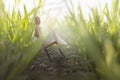 a miniature woman resting sitting among gigantic tufts of grass