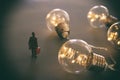 Surreal image of people looking at glowing light bulbs. Concept of finding the right idea, or solution Royalty Free Stock Photo