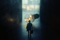 Surreal image of person in dark corridor looking at glowing light bulb. Concept of finding the right idea, or way out Royalty Free Stock Photo