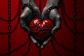 A surreal image of a person holding a red heart in hands connected by a chain, symbolizing the breaking of racial barriers.