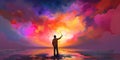 A surreal image of a person painting a vibrant sunset onto the sky, illustrating the power of creativity and imagination