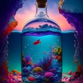 surreal image of the psychedelic ocean inside a glass bottle. Royalty Free Stock Photo
