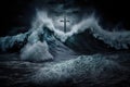 Surreal image of stormy ocean waves crashing against a wooden cross