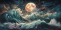 Surreal image of stormy sea and full moon. 3D rendering Royalty Free Stock Photo