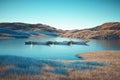 Surreal image with three boats on a mountain lake. Protection concept Royalty Free Stock Photo